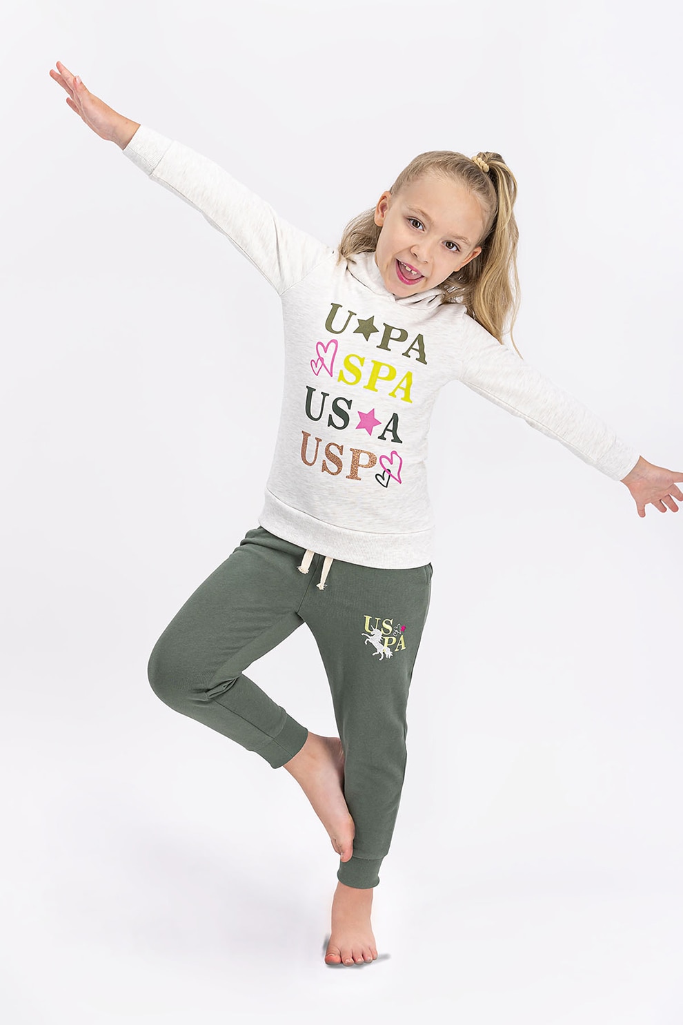 U.S. Polo Assn.,Pijama cu imprimeu logo si gluga, Crem/Verde/Galben, 140-146 CM