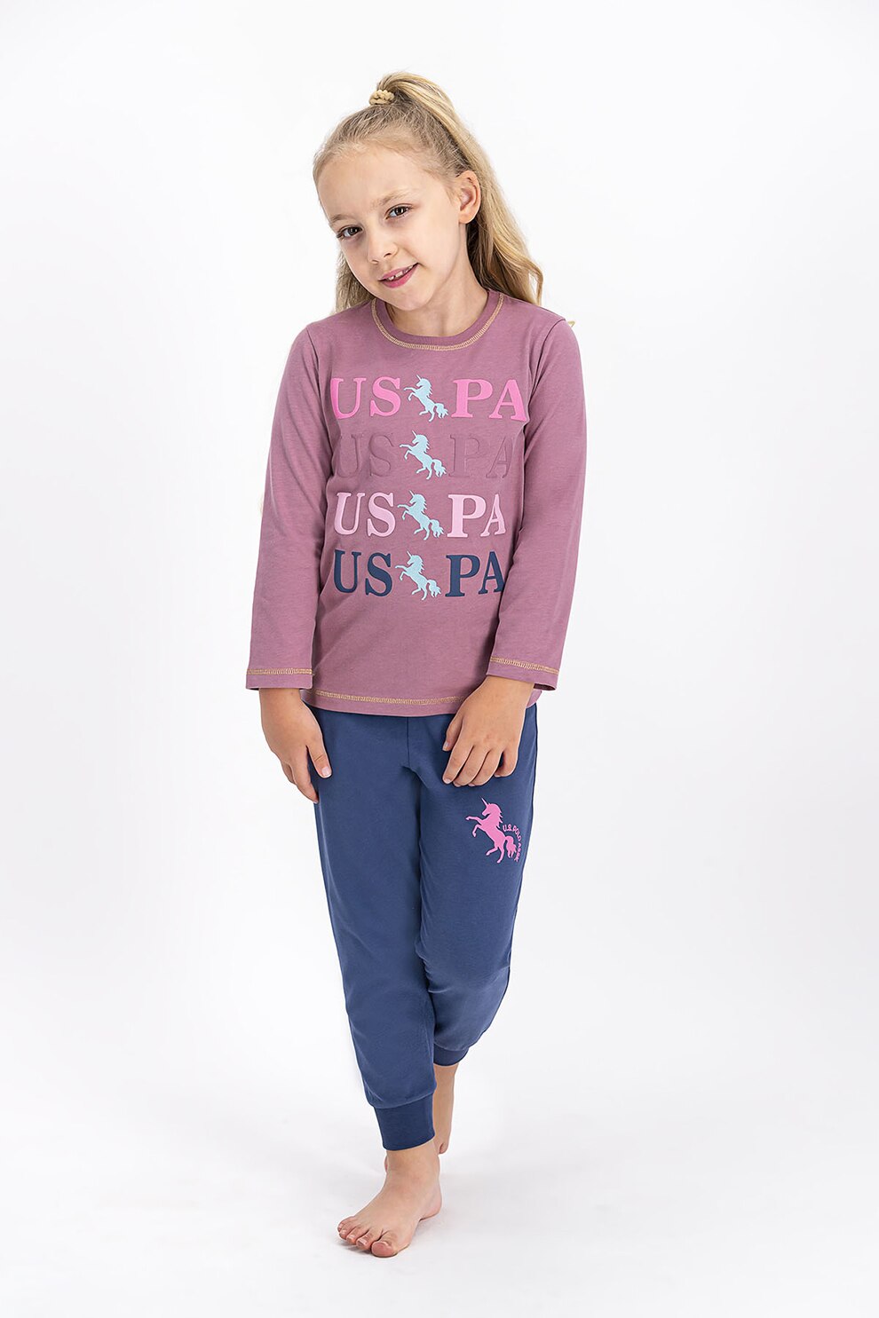 U.S. Polo Assn.,Pijama cu imprimeu, Violet prafuit/Albastru inchis