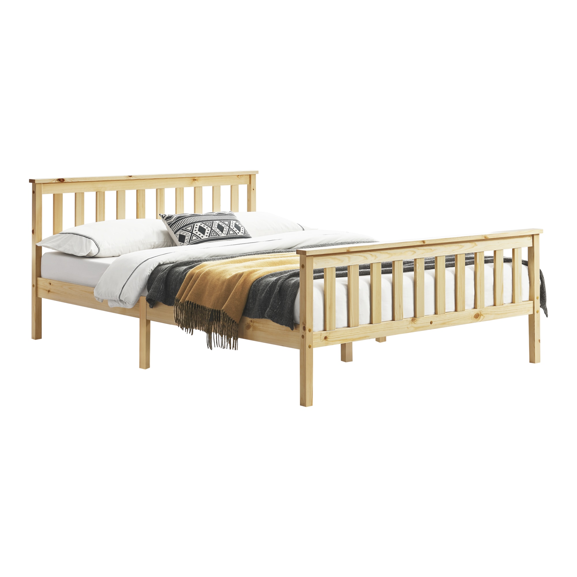 Pat lemn Breda 140NH, en.casa, 209 x148 x 80 cm, lemn brad/PAL, culoarea lemnului,150 Kg, dublu, fara saltea