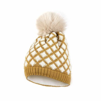 Caciula cu mot din lana merinos, Janus, Galben si alb, 49-51 cm, 1-3 ani Caciula cu mot din lana merinos, Janus, Galben si alb, 49-51 cm, 1-3 ani