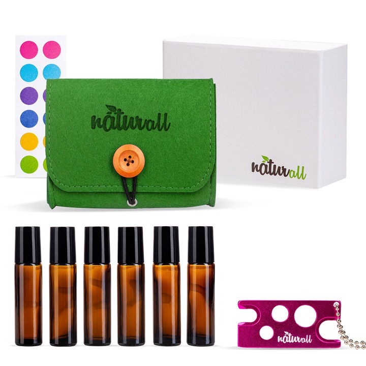 Zioda smart essentials Golyós üveg készlet, 6 aromaterápiás üveg 10 ml-es, nyitóval, üvegcímkékkel, díszdobozzal, barna, zöld rendszerezővel