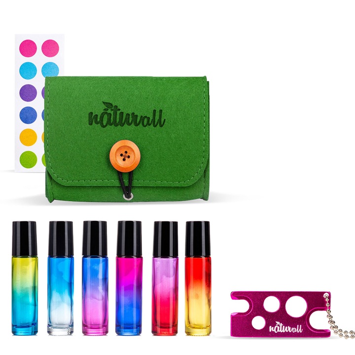 Комплект за ароматерапия zioda smart essentials® с 6 бутилки от 10 ml многоцветен рол-он, зелен органайзер, отварачка, етикети за бутилки