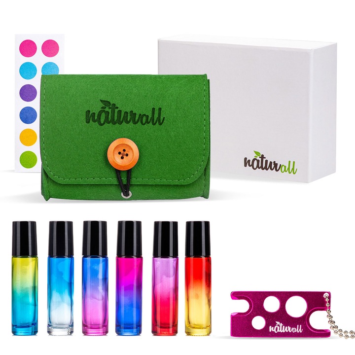 Zioda smart essentials Golyós üveg készlet, 6 üveg 10 ml-es, illóolajokhoz, többszínű, zöld rendszerezővel, nyitóval, üvegcímkékkel, díszdobozzal