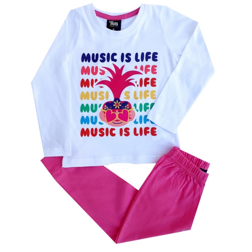 Pijama Trolls Music is life, maneca lunga, Alb
