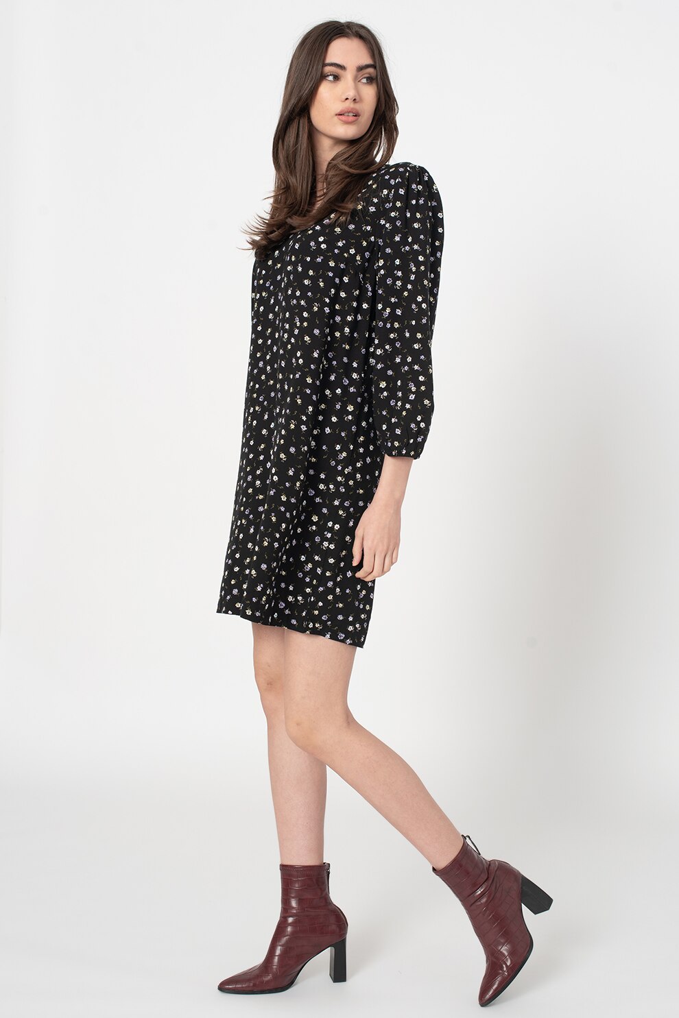 GAP, Rochie cu decolteu in V si model floral, Negru/Lila/Alb