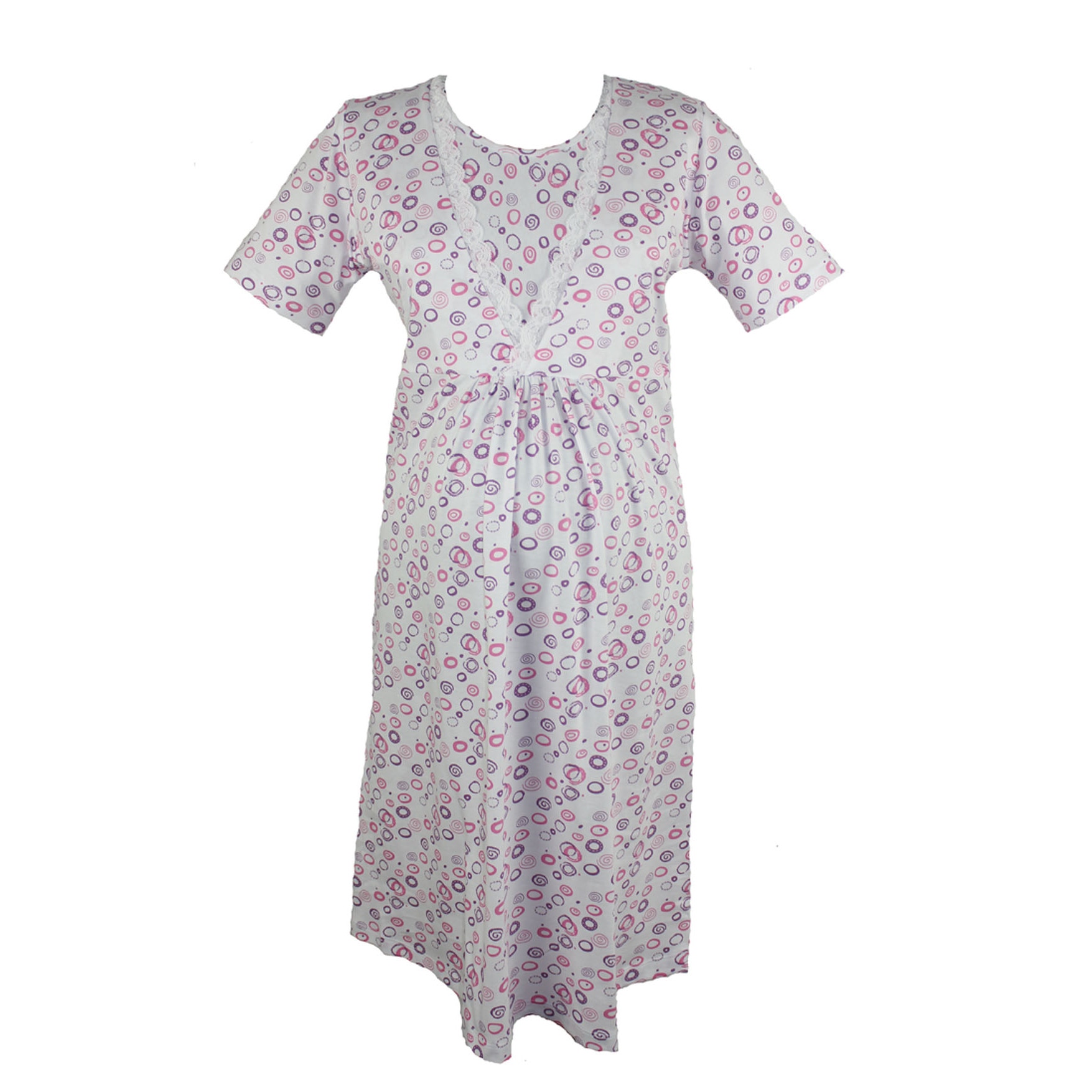 Camasa de alaptat, bumbac, alb cu cerculete roz L