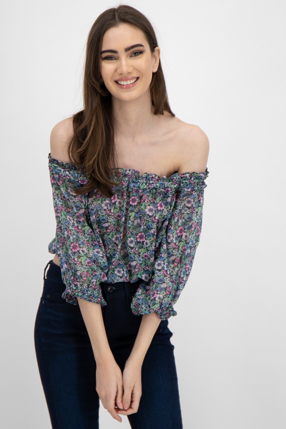 Pepe Jeans London, Bluza crop cu decolteu pe umeri si imprimeu floral, Verde/Roz