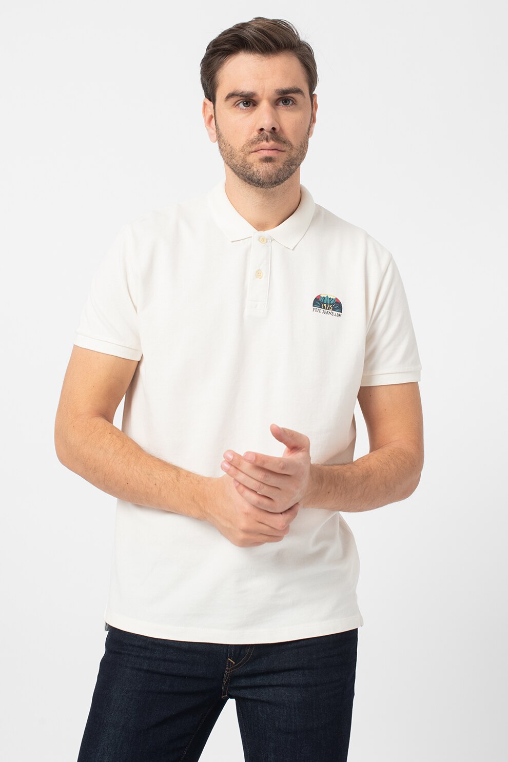 Pepe Jeans London, Tricou polo de bumbac cu detaliu logo Corwin, Alb