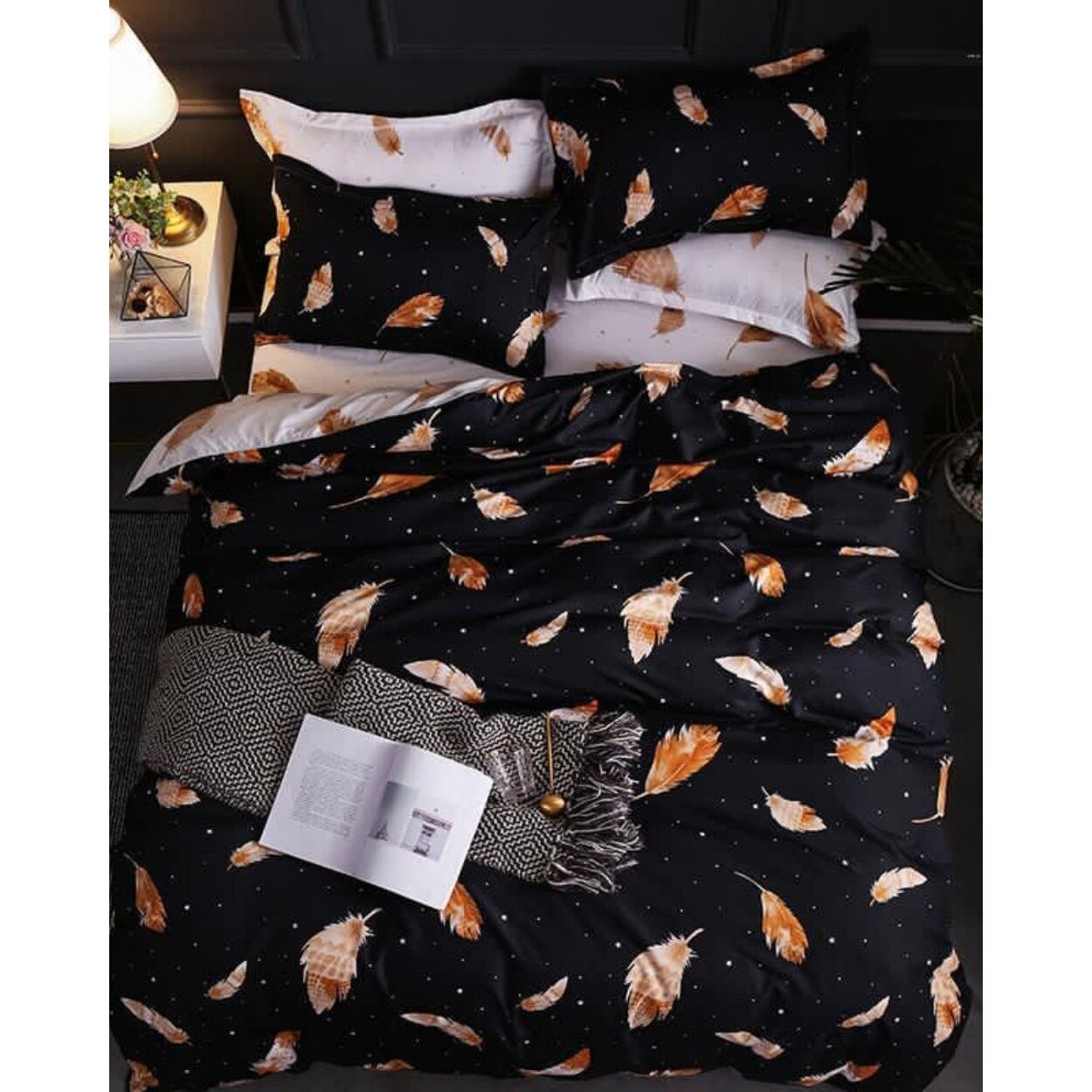 Set Lenjerie de Pat Bumbac Satinat, 4 Piese, Pat 1 Persoana, Orange Feathers