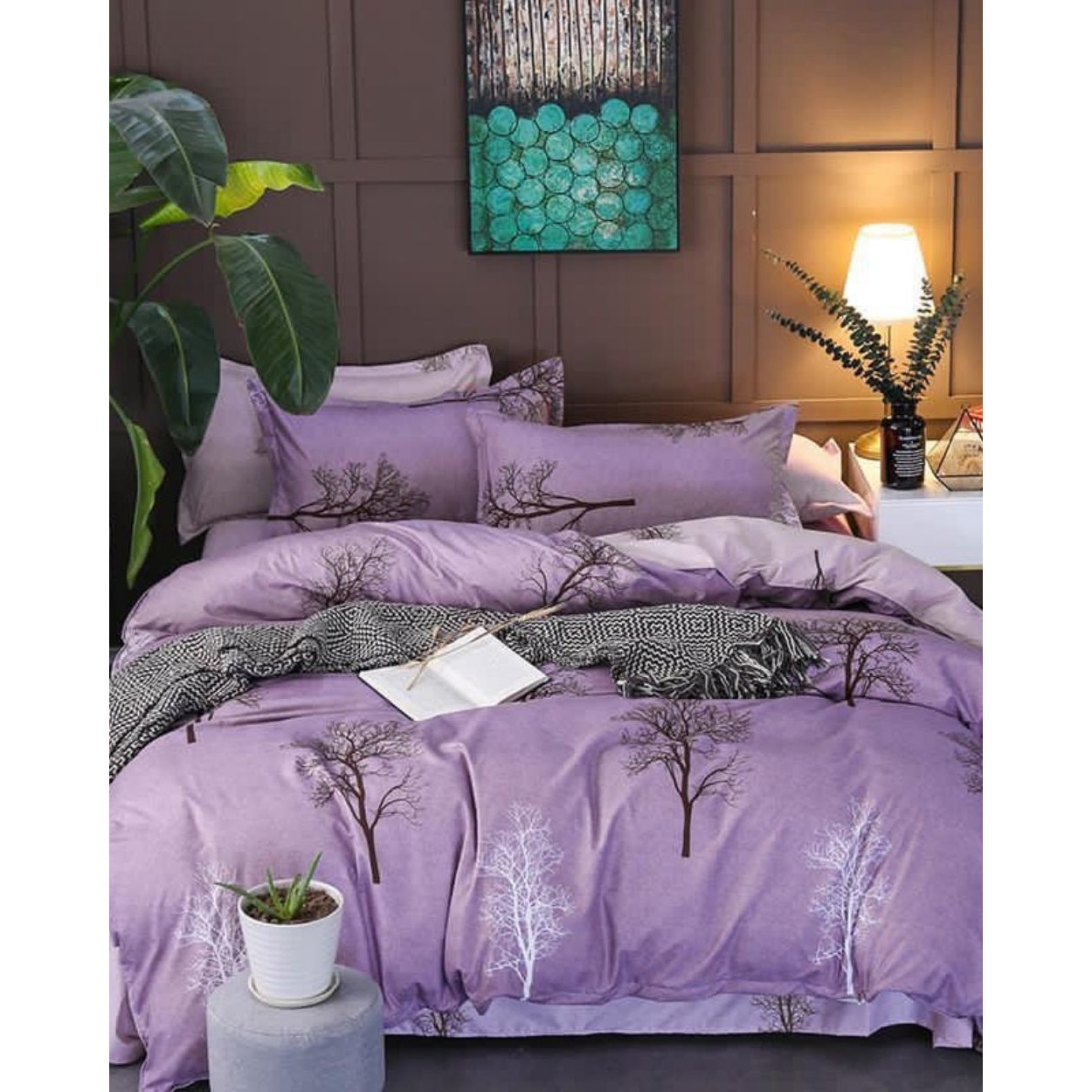 Set Lenjerie de Pat Bumbac Satinat, 4 Piese, Pat 1 Persoana, Dark Trees