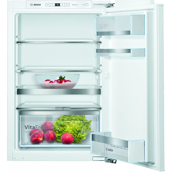 Bosch KIR21AFF0 Beépíthető egyajtós hűtőszekrény, 144 l, M: 88 cm, FreshSense, Állítható polc, SuperCooling, VitaFresh, F energiaosztály, Ezüst