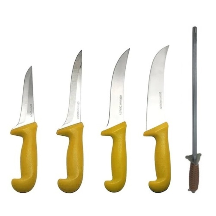 Pachet de Macelarie Profesional NDB- 5PCS, 4 Cutite si un Masat 30 cm