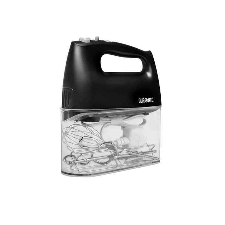 Mixer electric de mana, Duronic, HM4 BK, Negru, 400 W, 2 batatoare, 2 carlige, Functie turbo, 5 viteze