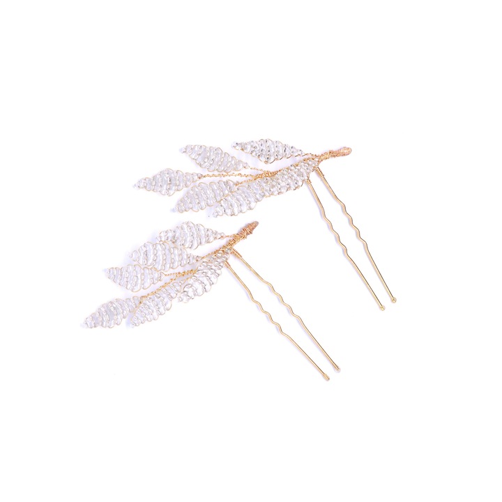 Set doua agrafe par cu frunze, Artelis, Ornament par mireasa auriu