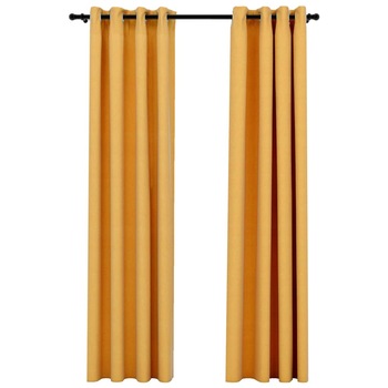 Set de 2 draperii opace cu aspect de panza cu ocheti, vidaXL, Tesatura, 140 x 225 cm, Galben Set de 2 draperii opace cu aspect de panza cu ocheti, vidaXL, Tesatura, 140 x 225 cm, Galben