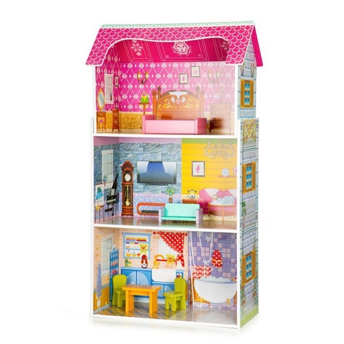 Casuta de papusi inalta din lemn cu mobilier ecotoys w08012