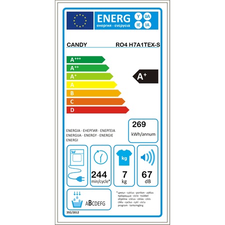 Uscator de rufe Slim Candy RO4 H7A1TEX-S, 7 kg, Clasa A+, Pompa de caldura, Wi-Fi, Bluetooth, Easy Case, Super easy iron, Alb