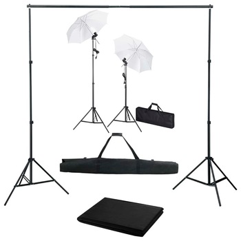 Kit studio foto cu fundal, lampi si umbrele, vidaXL, 500 x 300 cm, Negru Kit studio foto cu fundal, lampi si umbrele, vidaXL, 500 x 300 cm, Negru