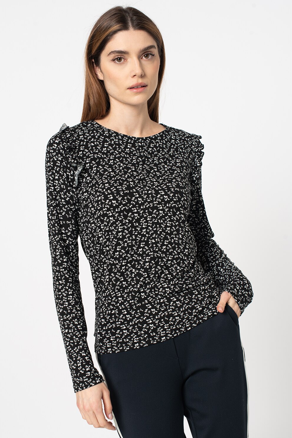 Zabaione, Bluza cu model floral Andreea, Negru/Alb