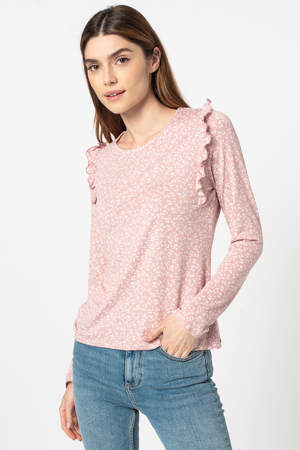 Zabaione, Bluza cu model floral Andreea, Roz somon/Alb