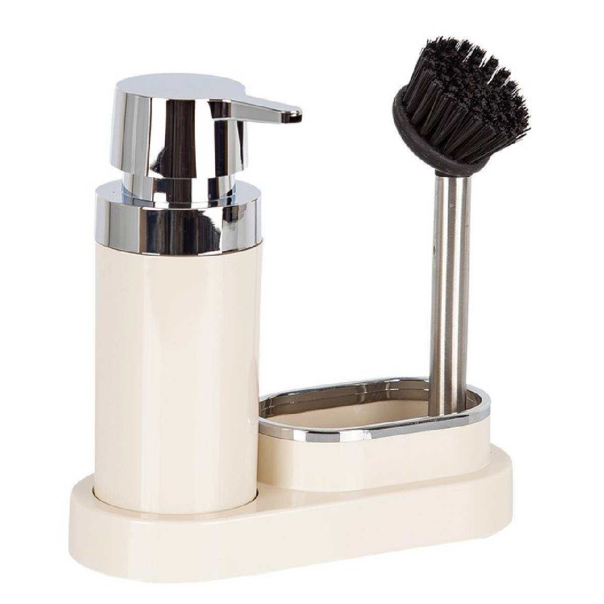 Dispenser detergent de vase, POLEN, Bej, cu suport pentru burete si perie, 300 ml