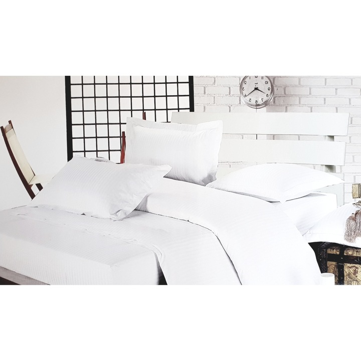 Бял комплект спално бельо, 100% дамаски памук, 6 броя, чаршаф 220 x 230, чаршаф 200 x 230, калъфки за възглавници 50 x 75 x 2, 75 x 75 x 2