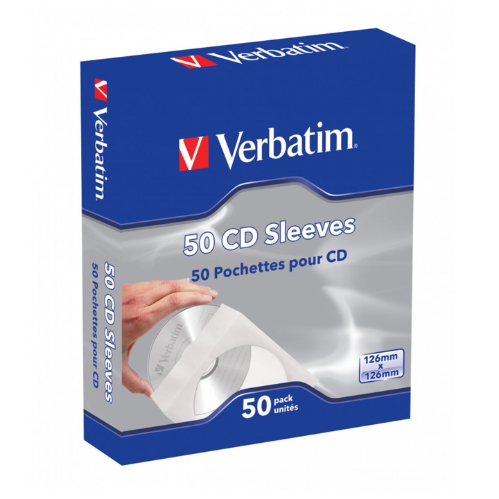 Set 50 Plicuri pentru CD cu fereastra, Verbatim 49992, din hartie, albe
