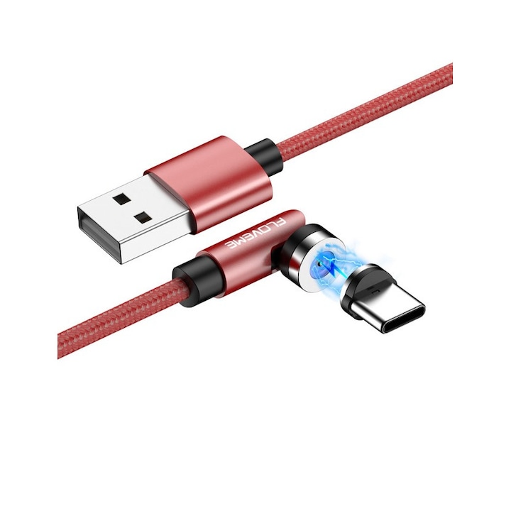 Gyorstöltő kábel, 2,1A, mobil csatlakozó 360 és 180 fok, USB-C mágneses csatlakozó, 1m, piros, LED-del, Floveme