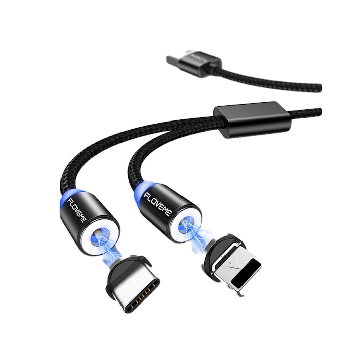 Gyorstöltő kábel 2,1A, 2 USB-C és Apple mágneses csatlakozó, 2 eszköz egyszerre, led, 1,2 m, fekete, Floveme