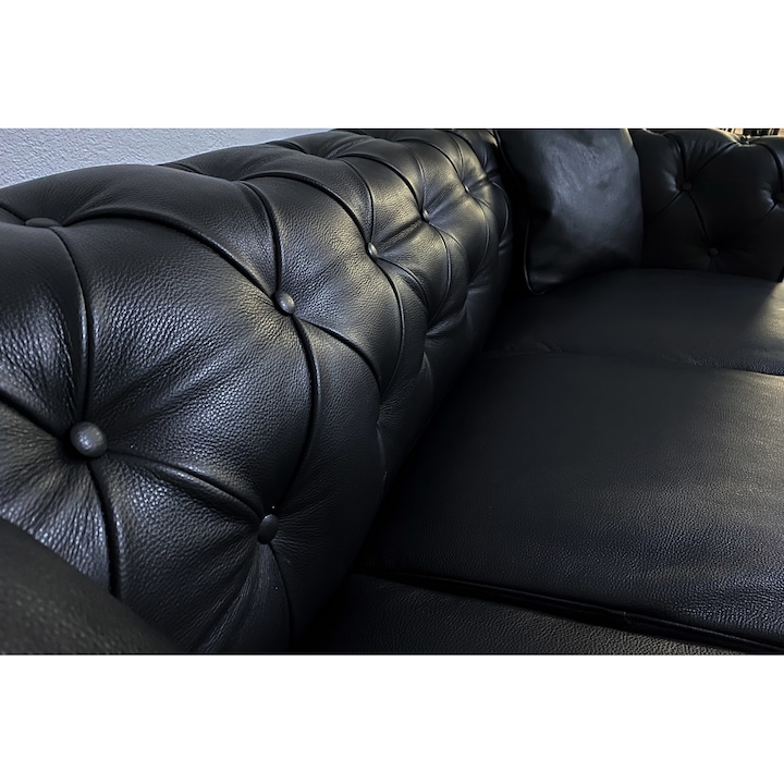 Canapea Zurich 3 locuri, fixa, Chester Time, piele naturala, alpha nero, negru, 73 x 214 x 96 cm