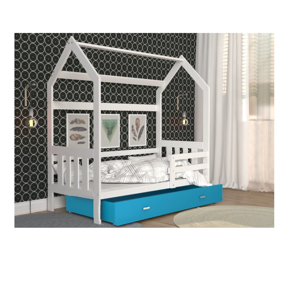 Patut tineret MyKids Domek 2 Alb-Albastru -190x80