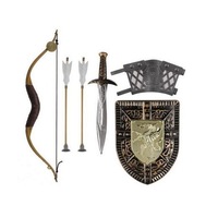 Set 6 arme de lupta pentru copii format din scut, arc, 2 sageti, sabie si protectie