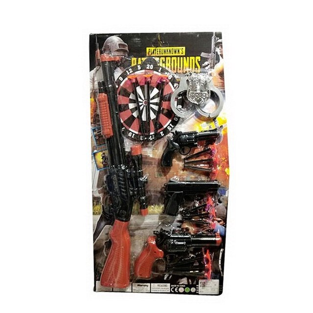 Set arme cu pusca cu luneta, tinta , catuse, insigna, 3 pistoale cu ventuze, 19 piese, 41x17 cm