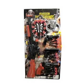 Set arme cu pusca cu luneta, tinta , catuse, insigna, 3 pistoale cu ventuze, 19 piese, 41x17 cm Set arme cu pusca cu luneta, tinta , catuse, insigna, 3 pistoale cu ventuze, 19 piese, 41x17 cm