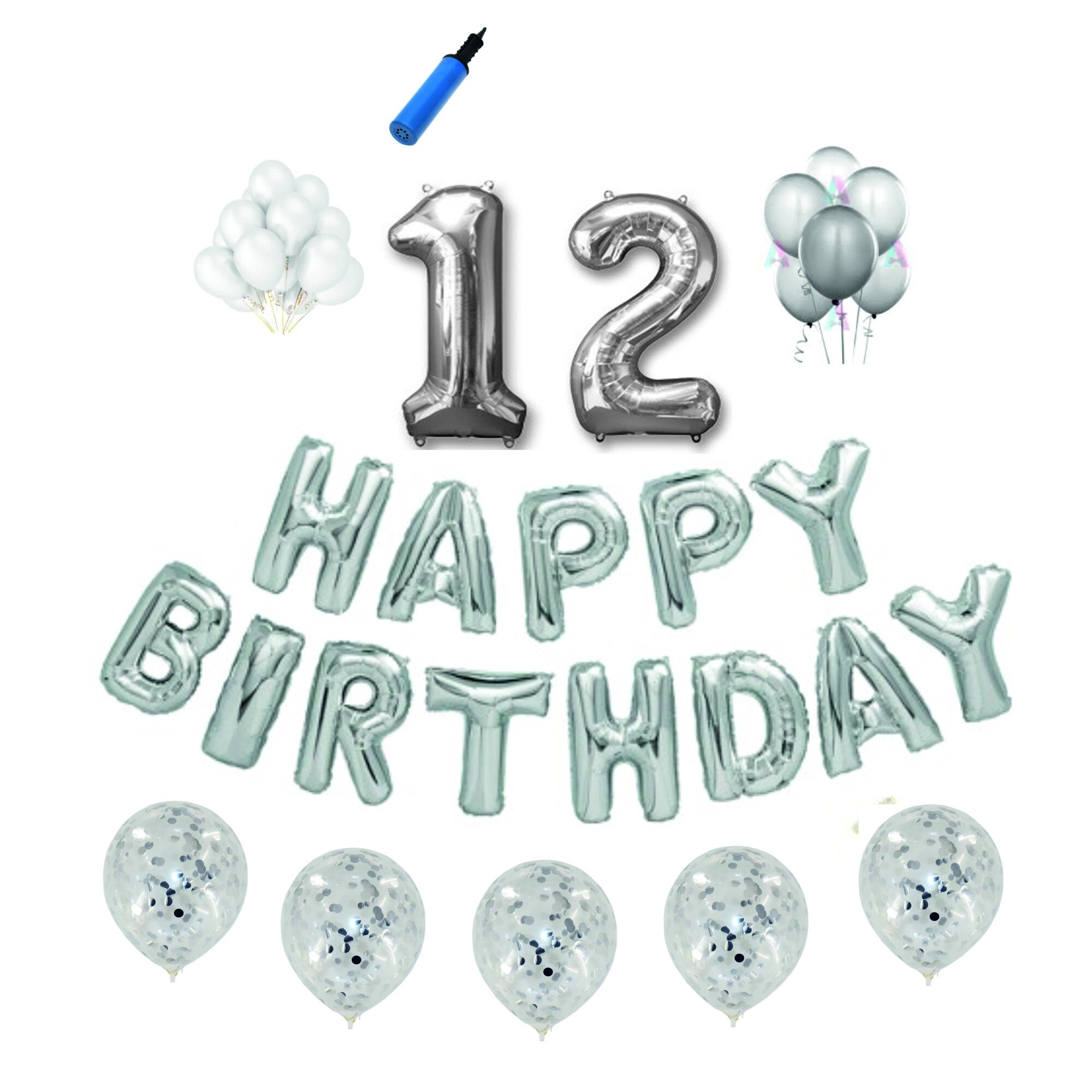 Set baloane Happy Birthday , pentru 12 ani, cifra 1 metru, Argintiu