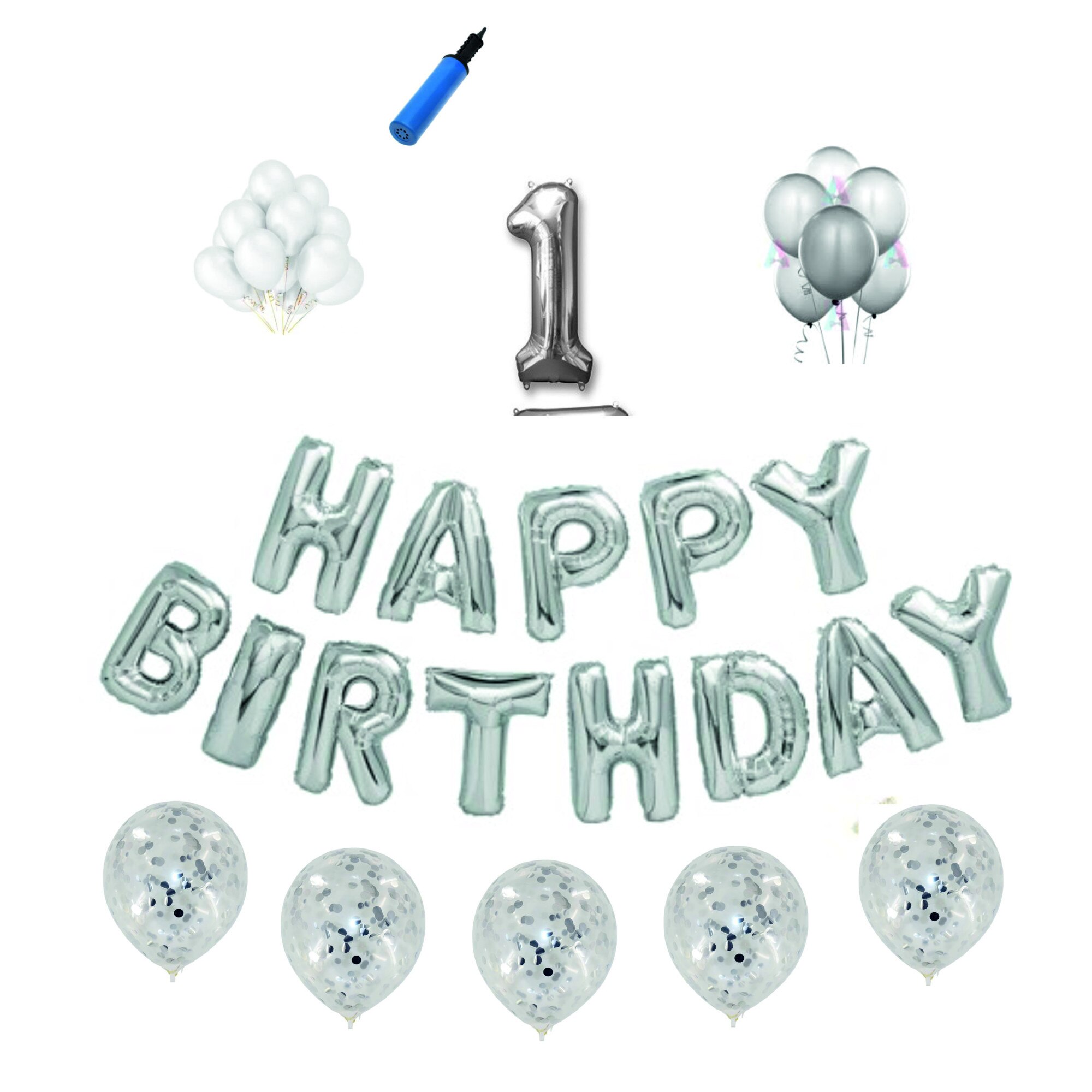 Set baloane Happy Birthday , pentru 1 an, cifra 1 metru, Argintiu