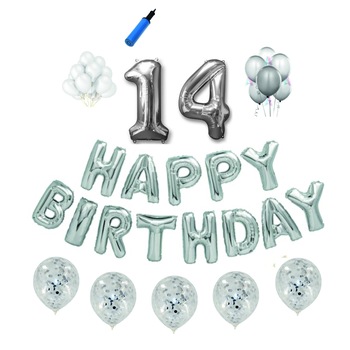 Set baloane Happy Birthday , pentru 14 ani, cifra 1 metru,Argintiu Set baloane Happy Birthday , pentru 14 ani, cifra 1 metru,Argintiu
