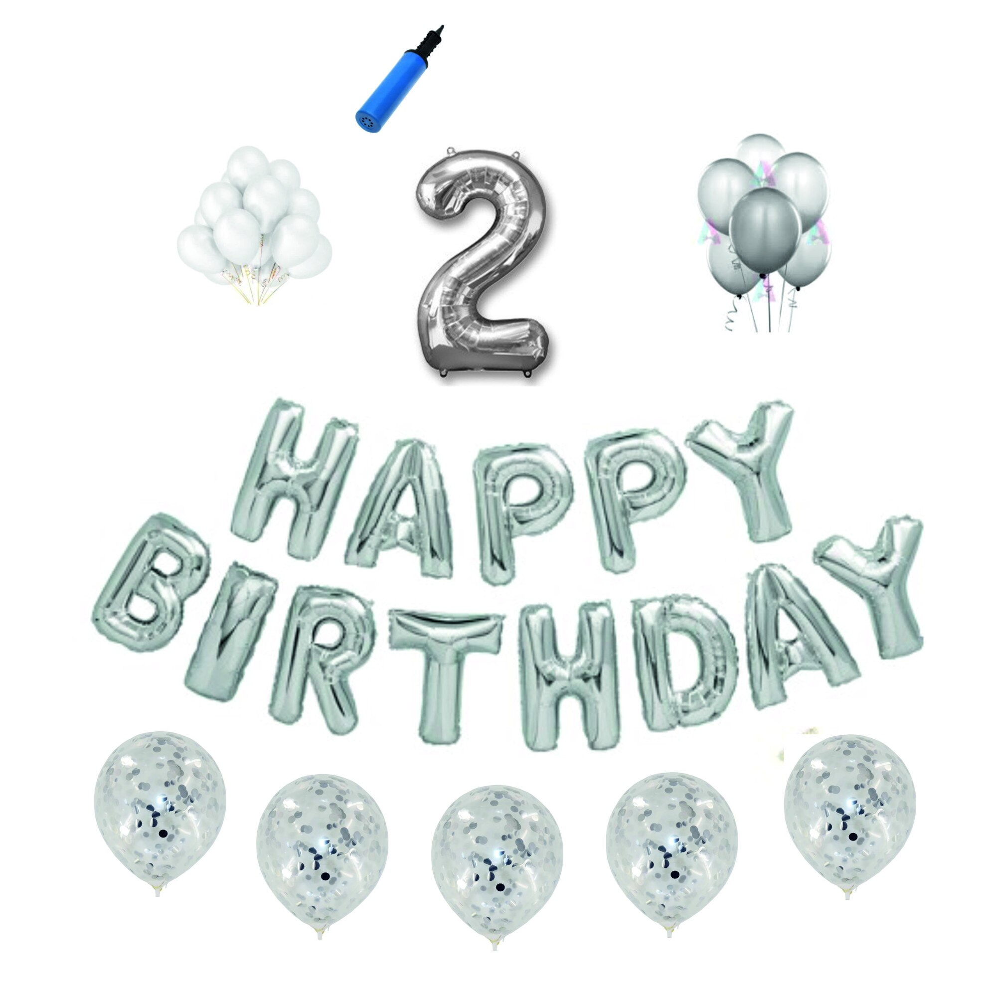Set baloane Happy Birthday , pentru 2 ani, cifra 1 metru, Argintiu
