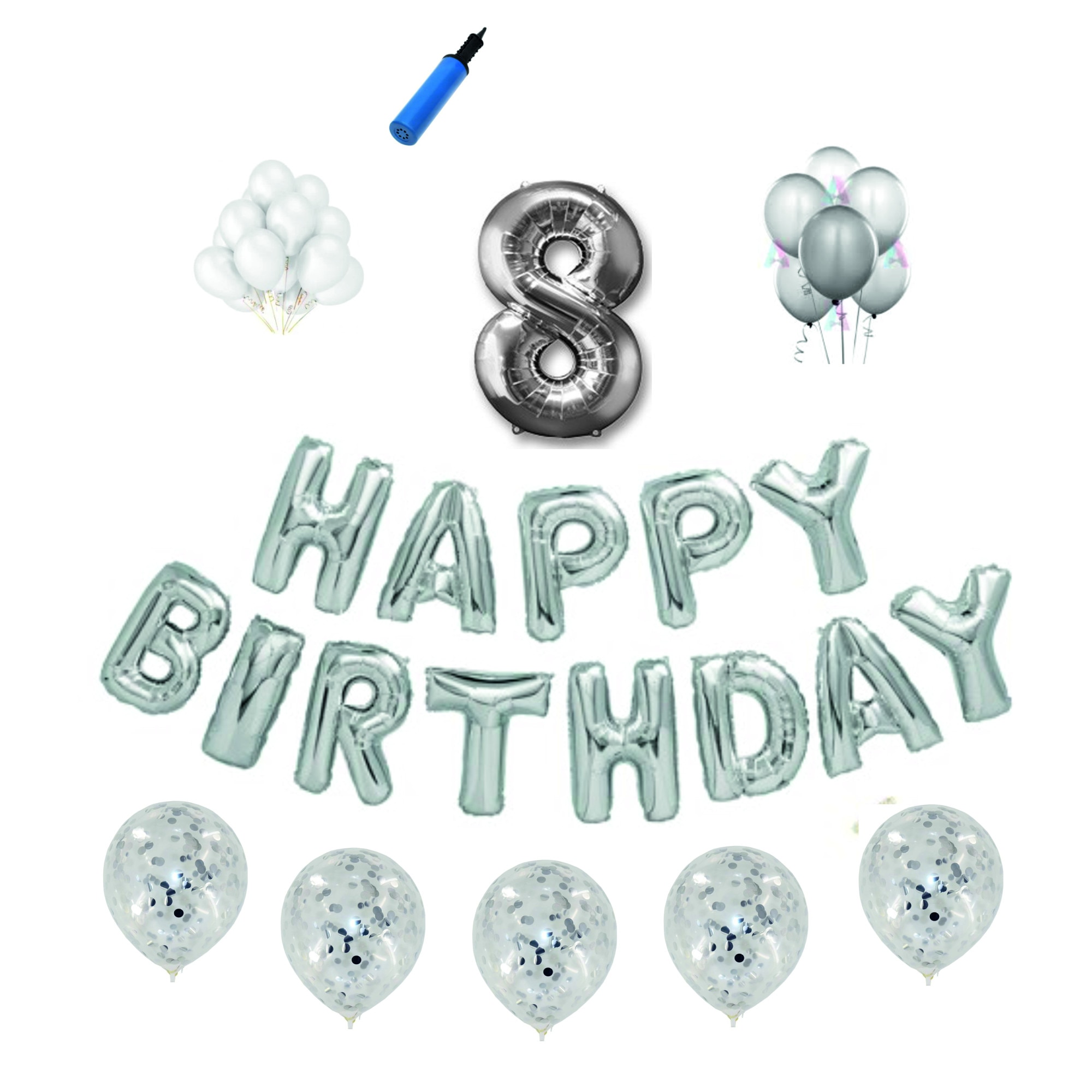 Set baloane Happy Birthday , pentru 8 ani, cifra 1 metru, Argintiu
