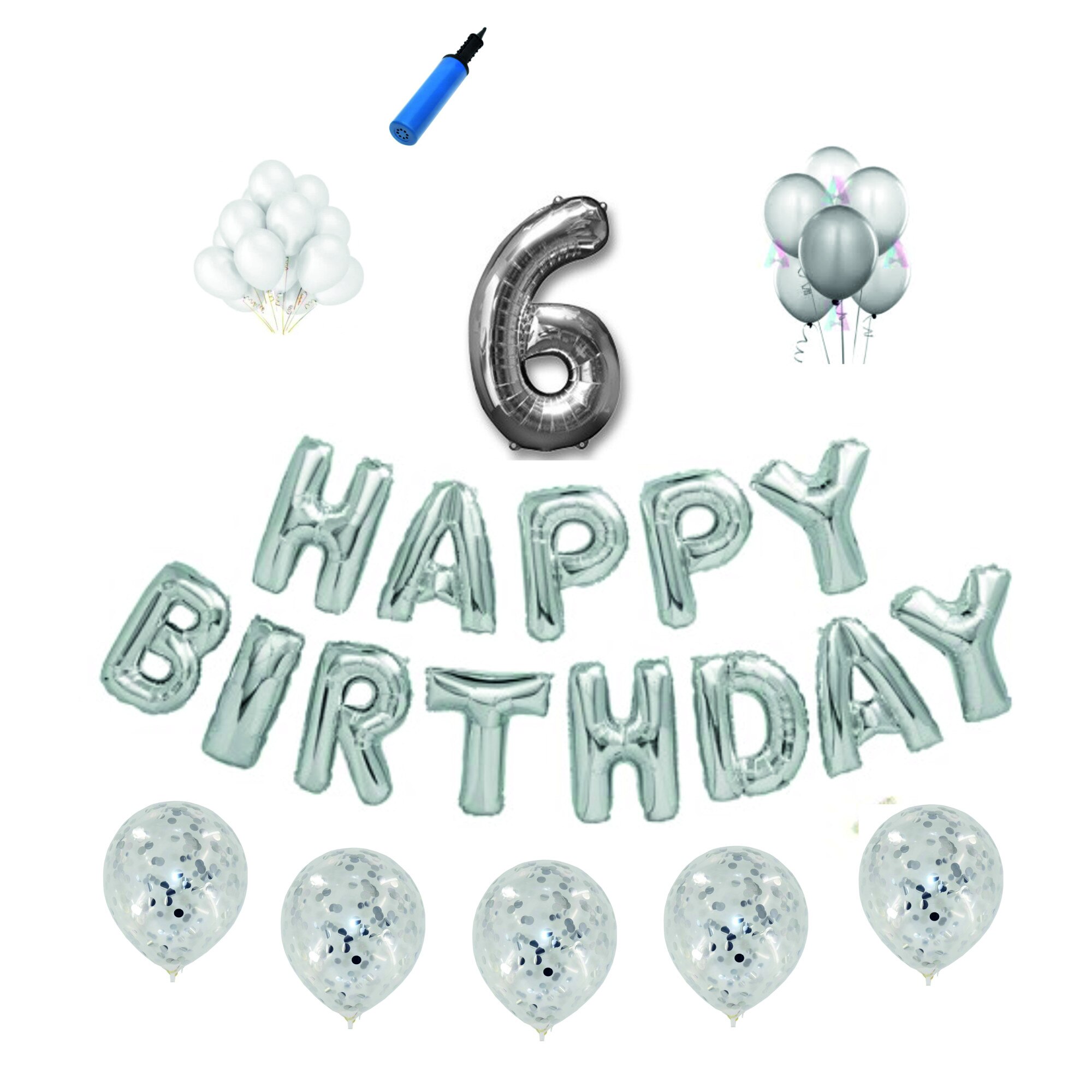 Set baloane Happy Birthday , pentru 6 ani, cifra 1 metru, Argintiu
