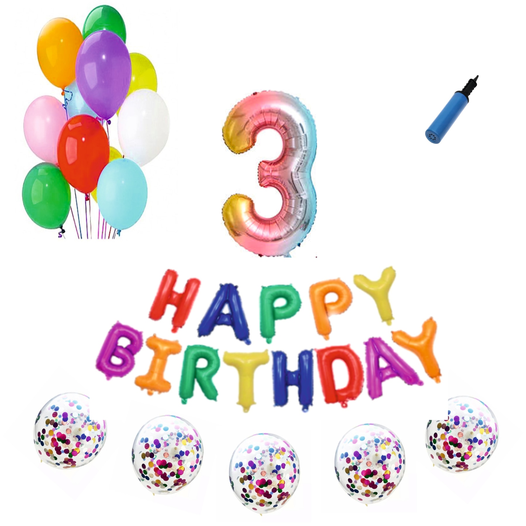 Set baloane Happy Birthday , pentru 3 ani, cifra 1 metru, Multicolor