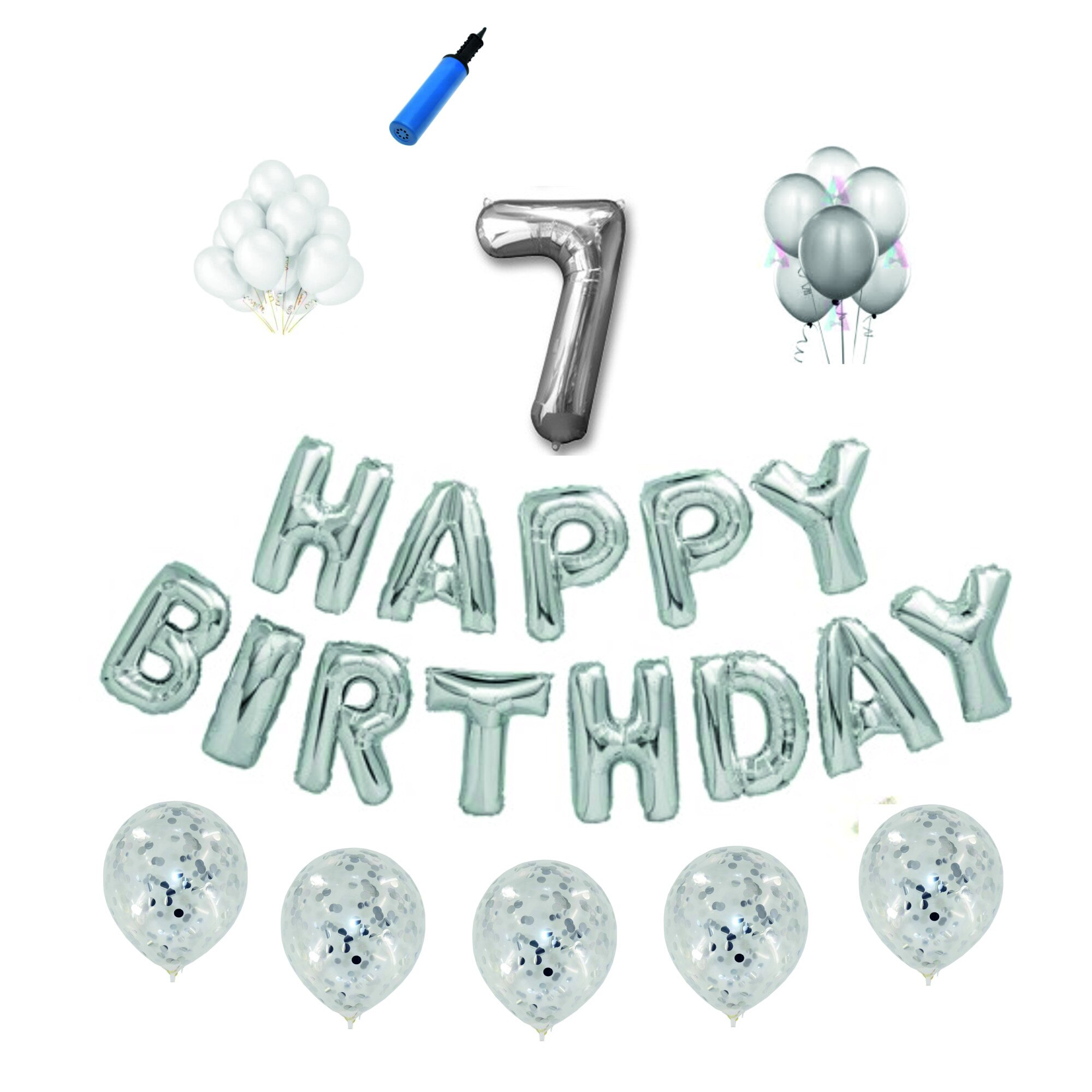 Set baloane Happy Birthday , pentru 7 ani, cifra 1 metru, Argintiu