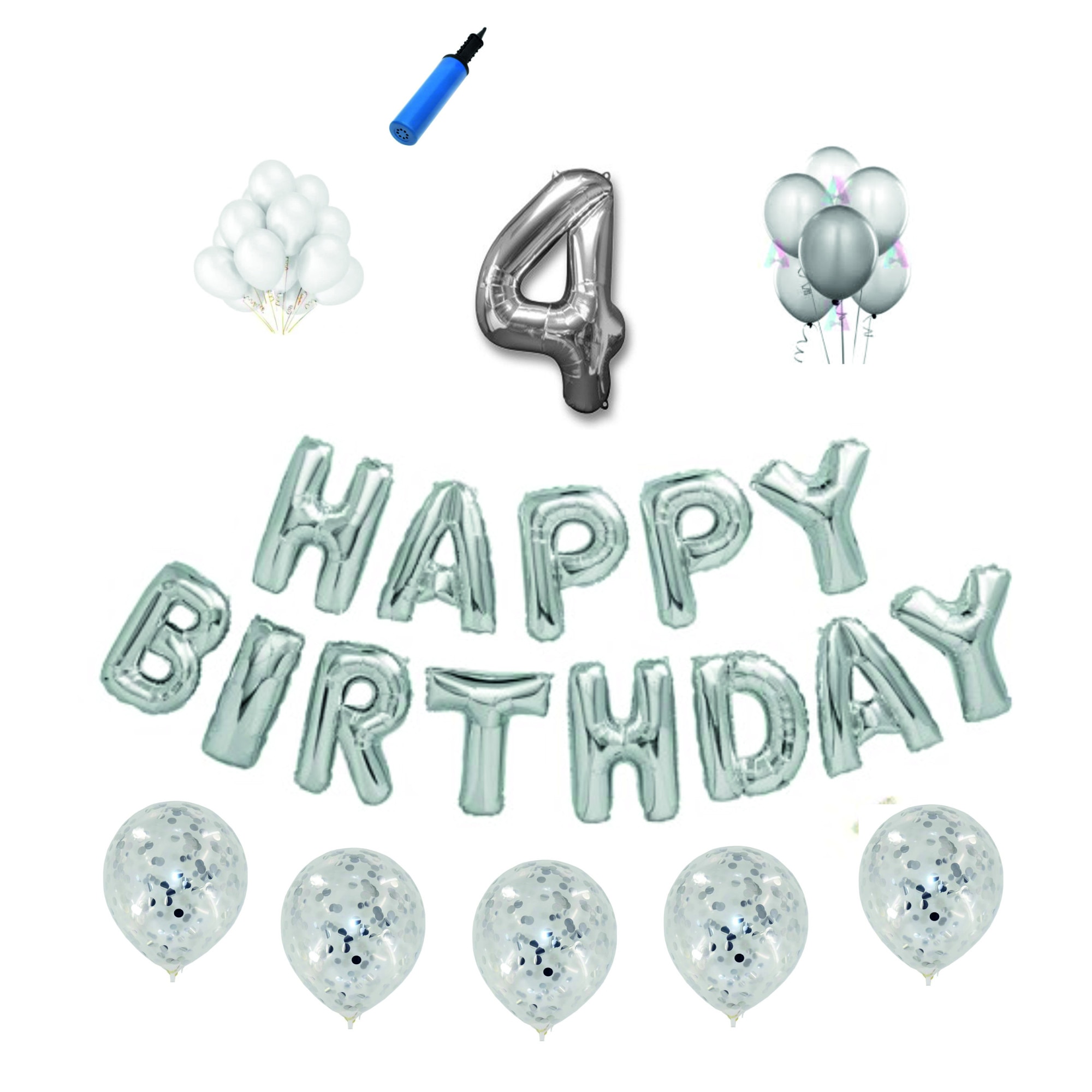 Set baloane Happy Birthday , pentru 4 ani, cifra 1 metru, Argintiu