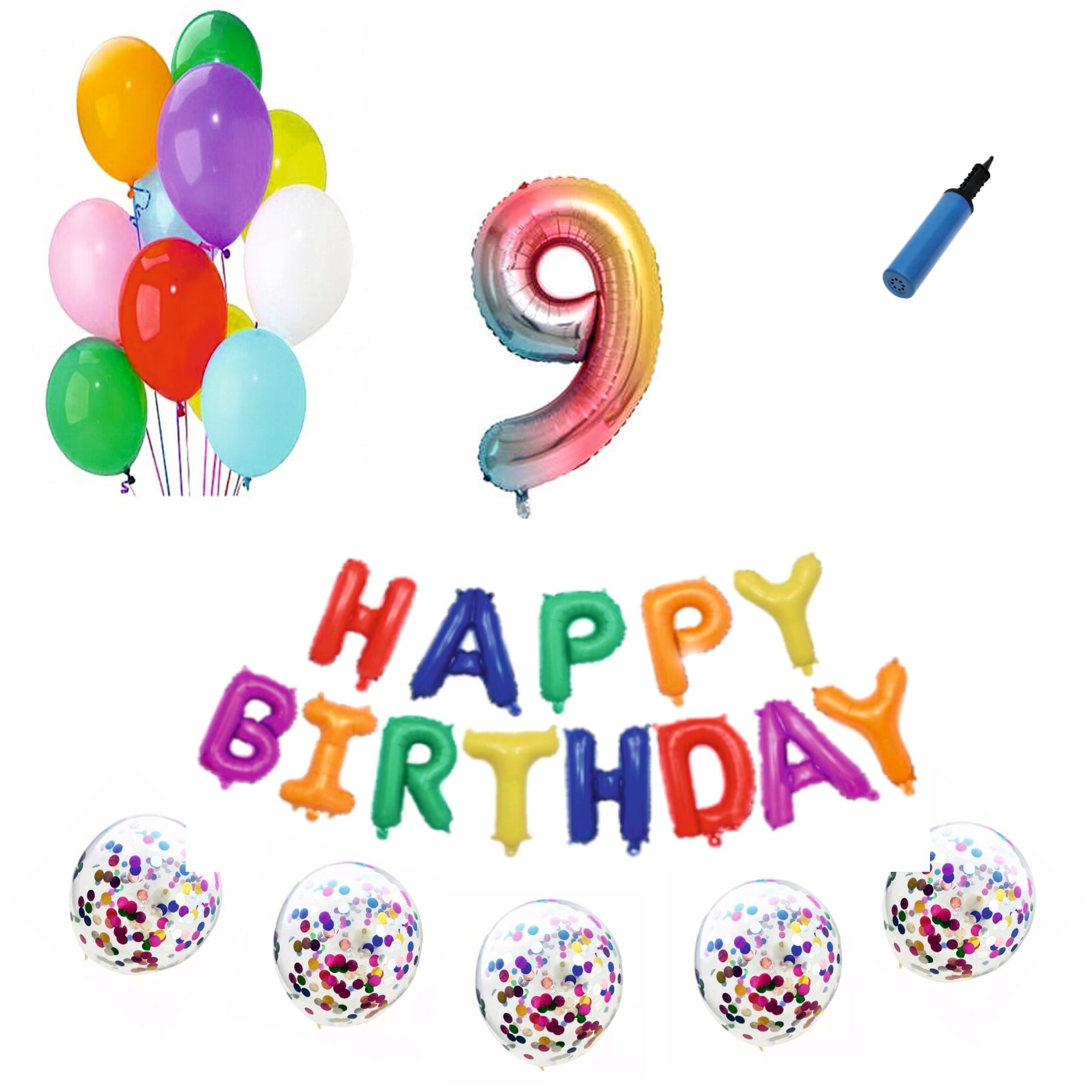 Set baloane Happy Birthday , pentru 9 ani, cifra 1 metru, Multicolor