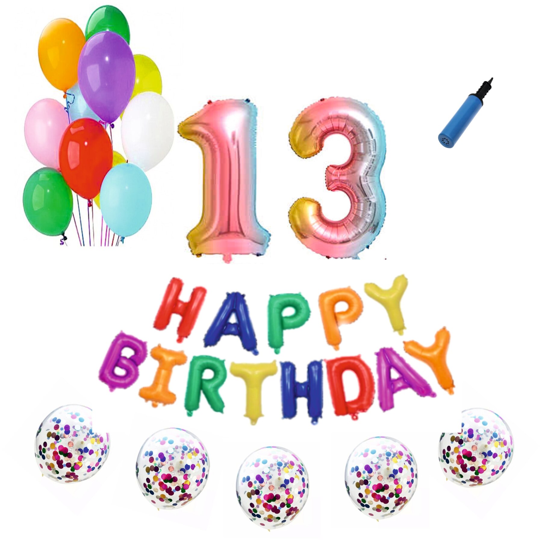 Set baloane Happy Birthday , pentru 13 ani, cifra 1 metru, Multicolor