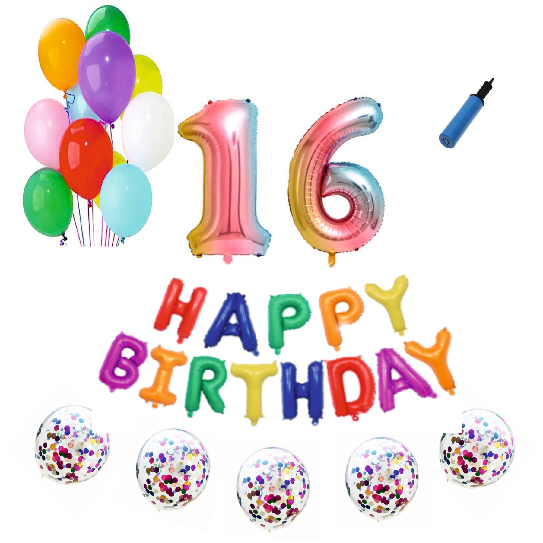 Set baloane Happy Birthday , pentru 16 ani, cifra 1 metru, Multicolor