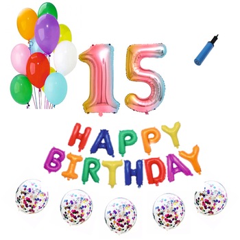Set baloane Happy Birthday , pentru 15 ani, cifra 1 metru, Multicolor Set baloane Happy Birthday , pentru 15 ani, cifra 1 metru, Multicolor