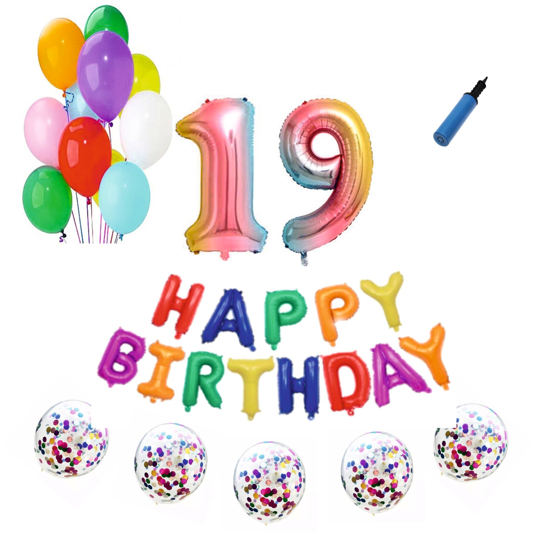 Set baloane Happy Birthday , pentru 19 ani, cifra 1 metru, Multicolor