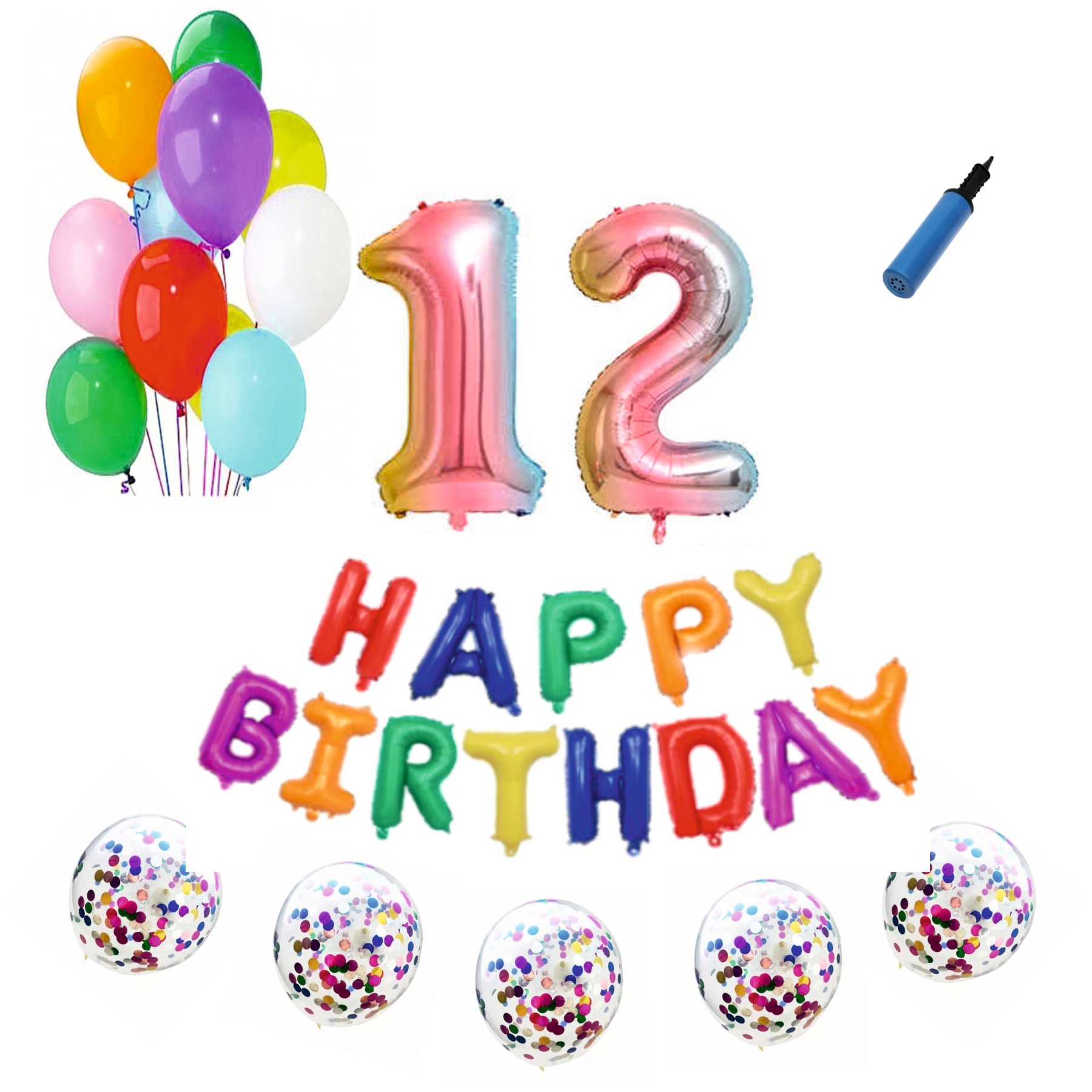 Set baloane Happy Birthday , pentru 12 ani, cifra 1 metru, Multicolor