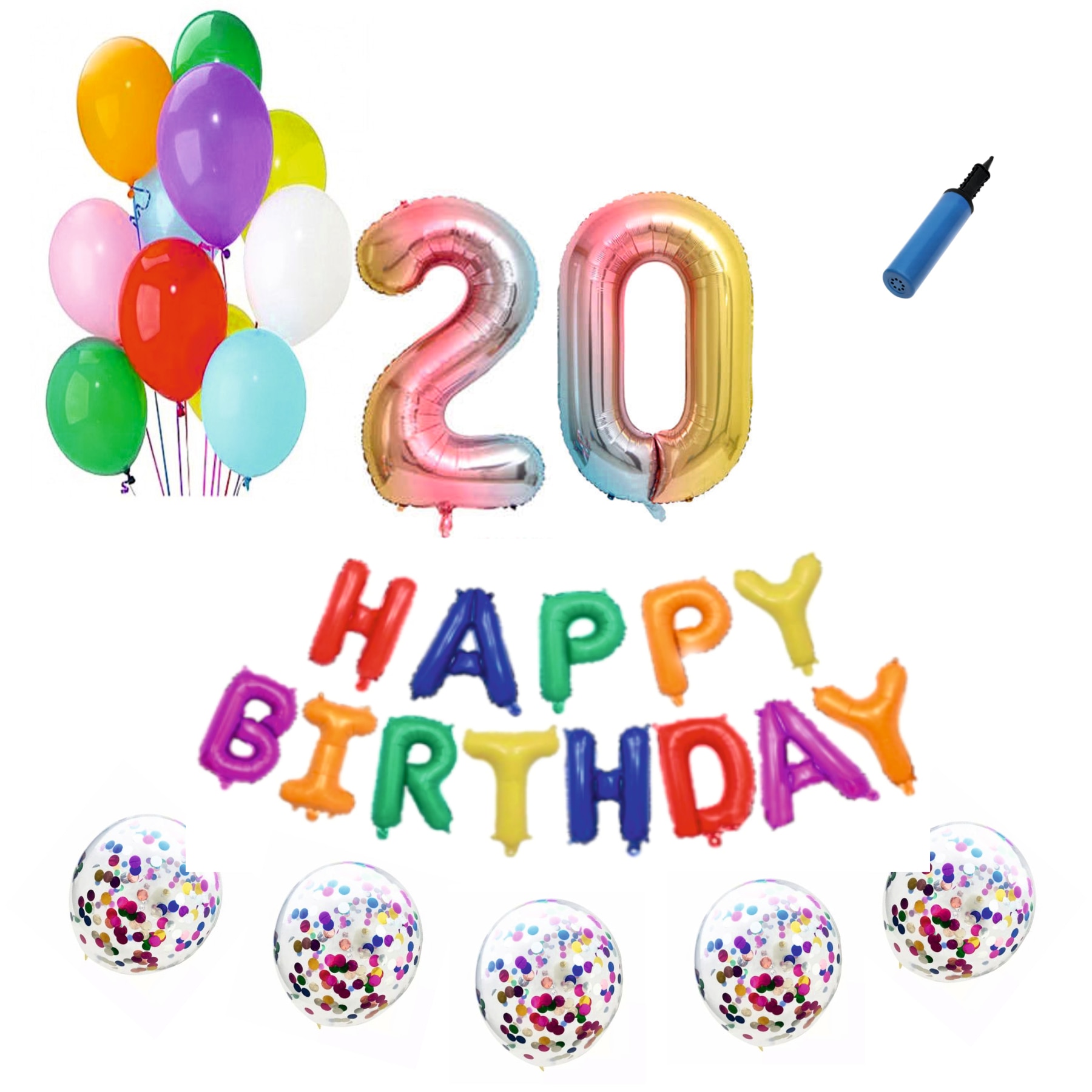 Set baloane Happy Birthday , pentru 20 ani, cifra 1 metru, Multicolor